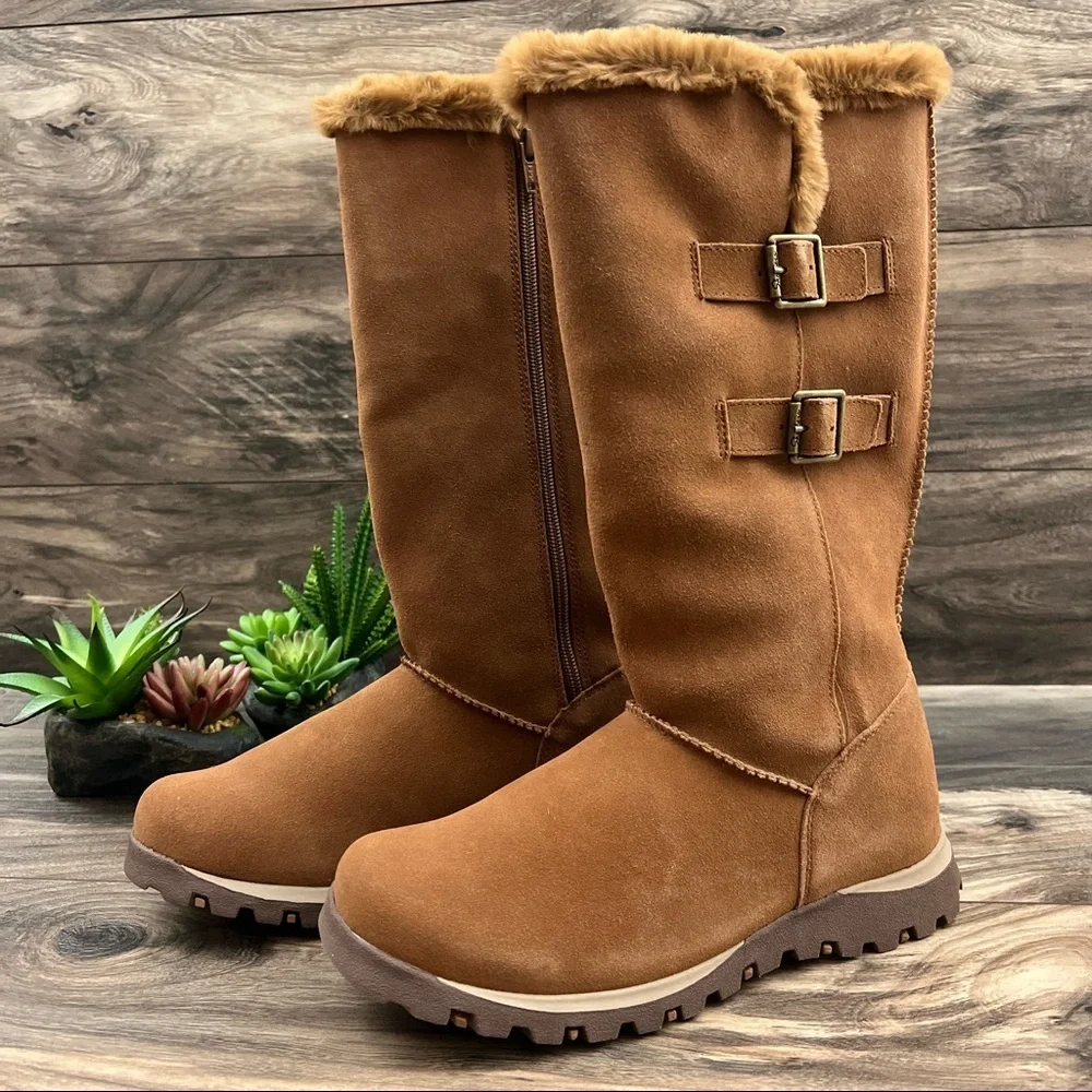 NIB Skechers Grand Jams Snowdrop Mid Calf Winter Boots Chestnut Suede - Picture 4 of 12